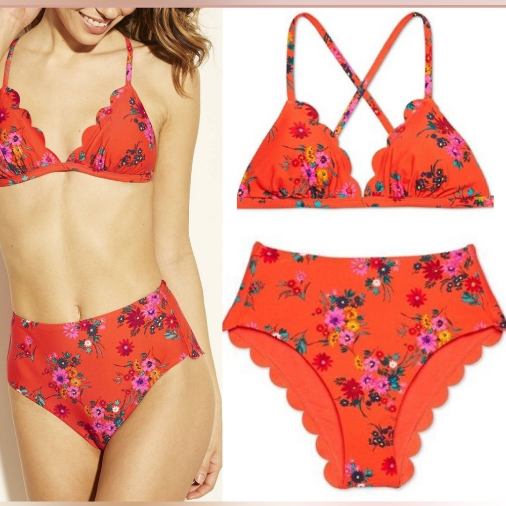 Xhilaration Red Bikini Set with Floral Design